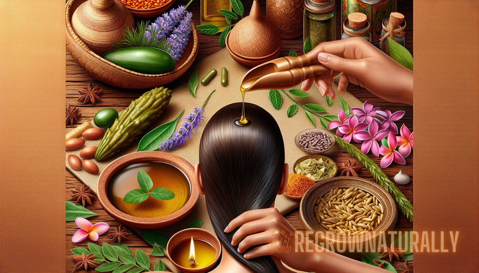 Illustration for section: Ayurveda, an ancient Indian medicinal system, emphasizes the use of natural ingredients to achieve o - diy hair growth