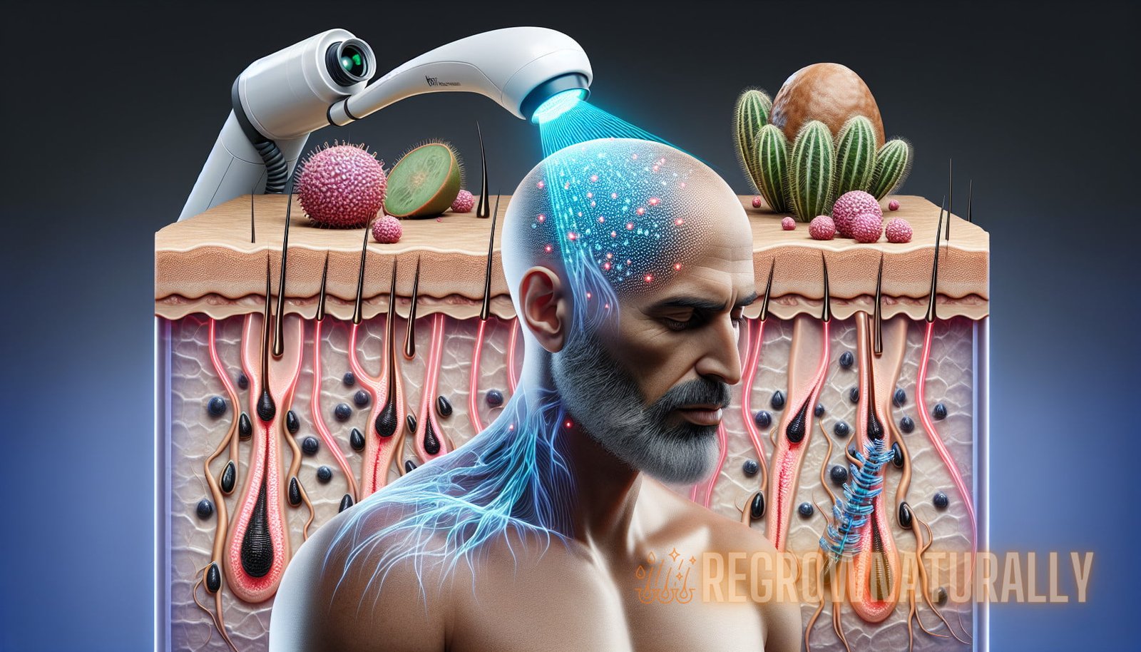 Illustration for section: Low-Level Laser Therapy (LLLT), also known as laser hair therapy, utilizes the power of laser light  - hair regrowth