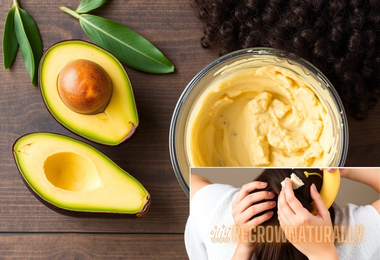 Illustration for section: Avocado and Banana Mask: Avocados are rich in fatty acids, while bananas provide potassium. Blend on - diy hair nutrition